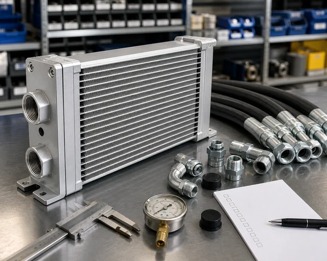 Hydraulic oil cooler fittings and pressure check items for Poland sourcing approval