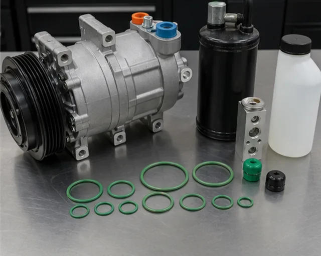 AC compressor replacement kit layout with receiver drier expansion valve O-rings and oil