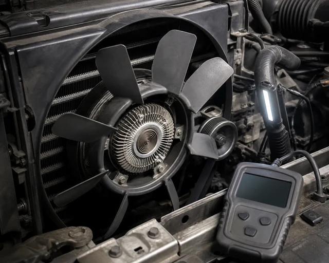Fan clutch mounted in engine bay with diagnostic tool for vibration and engagement inspection
