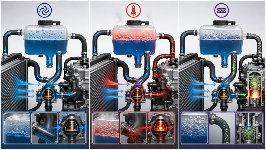Cooling system flow path showing radiator, thermostat, water pump, heater core and coolant reservoir deaeration line