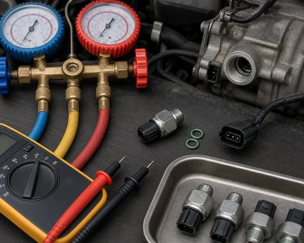A/C pressure switch diagnostic scene with manifold gauges multimeter connector and threaded port check