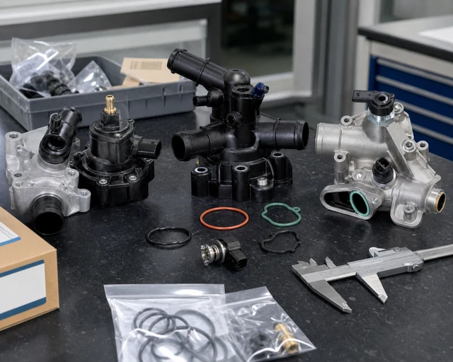 European vehicle thermostat housings with sensor ports, hose outlets, O-rings, seals, and caliper inspection