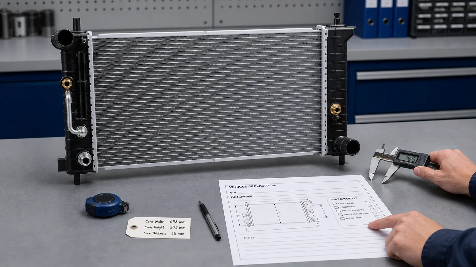 Automotive radiator identification workbench with OE number, core dimensions, mounting points and transmission cooler ports