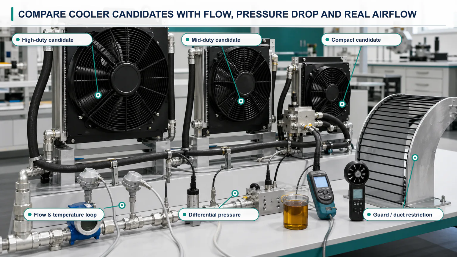 Hydraulic oil cooler sizing input dashboard for heat rejection, temperatures, flow, viscosity, pressure drop, fan and environment