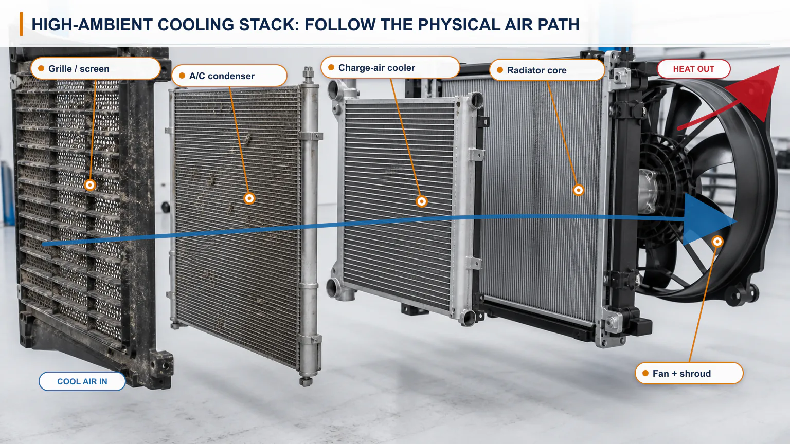 High-ambient vehicle cooling stack airflow path from grille through condenser, charge-air cooler and radiator to fan and shroud