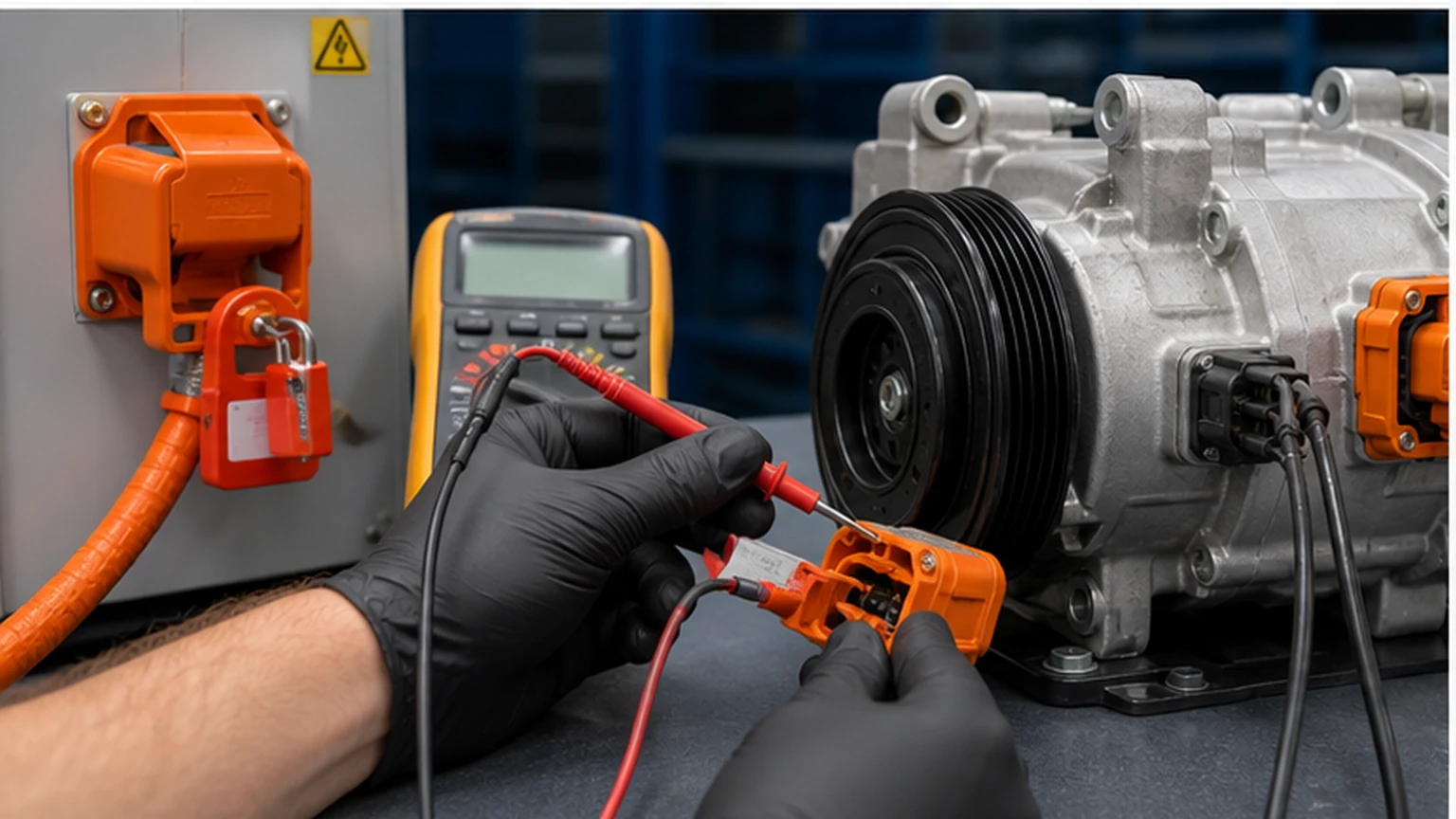 Electric AC compressor low-voltage harness inspected for backed-out terminals, water tracks and chafed communication wires