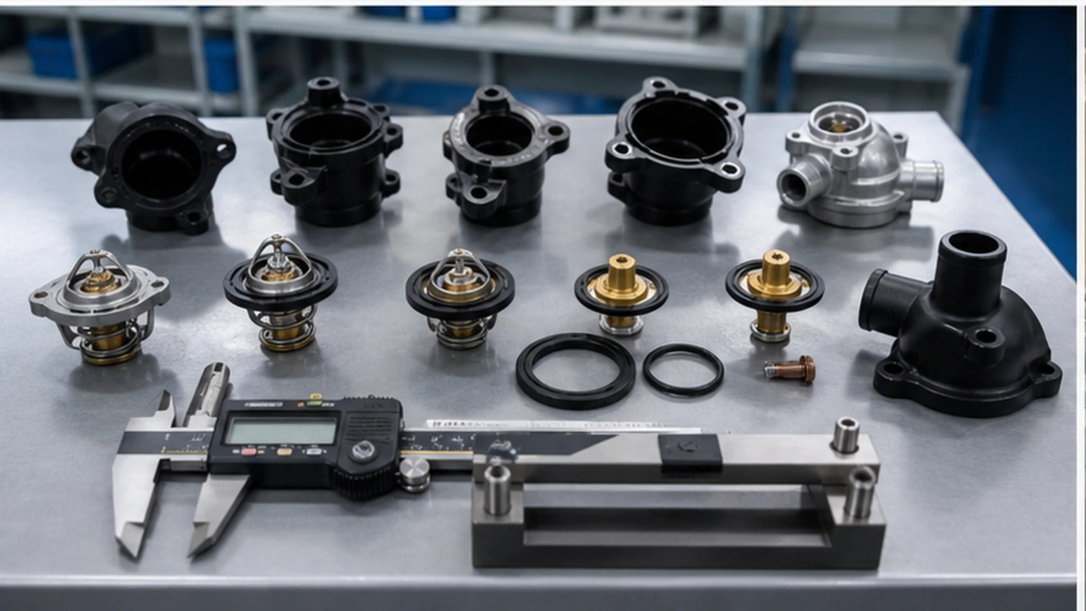 Thermostat housings, seals and wax elements checked with calipers and fitment gauges during receiving inspection
