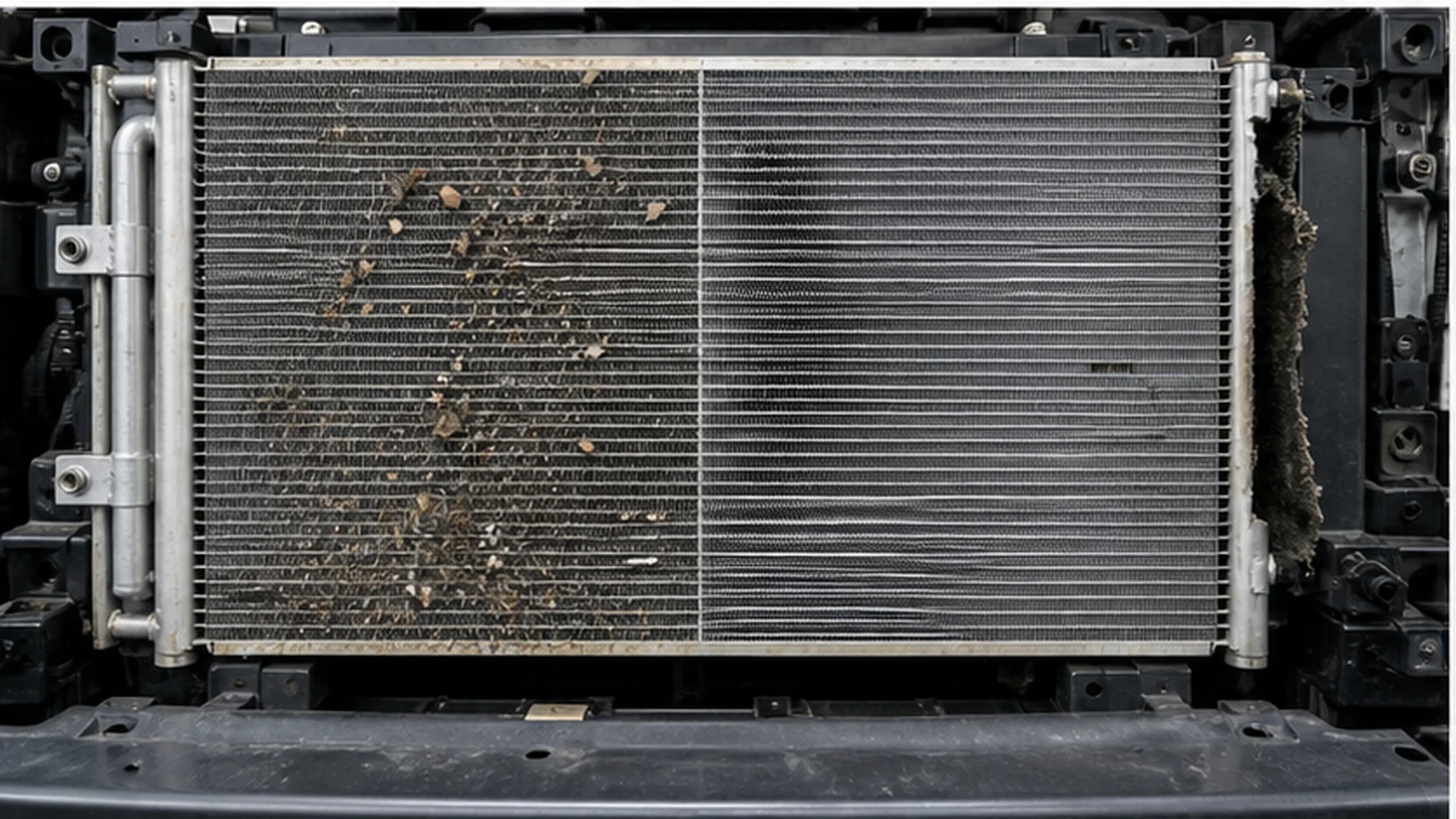 Automotive AC condenser inspected for insects, bent fins, debris blockage and missing side air seals