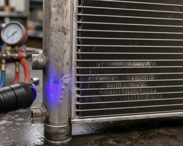 Truck AC condenser leak and airflow test with UV light and damaged fins