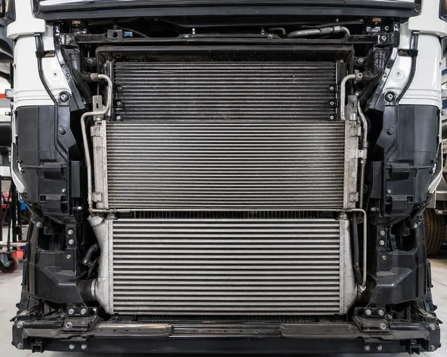 Heavy-duty truck cooling stack with radiator condenser and charge air cooler layers
