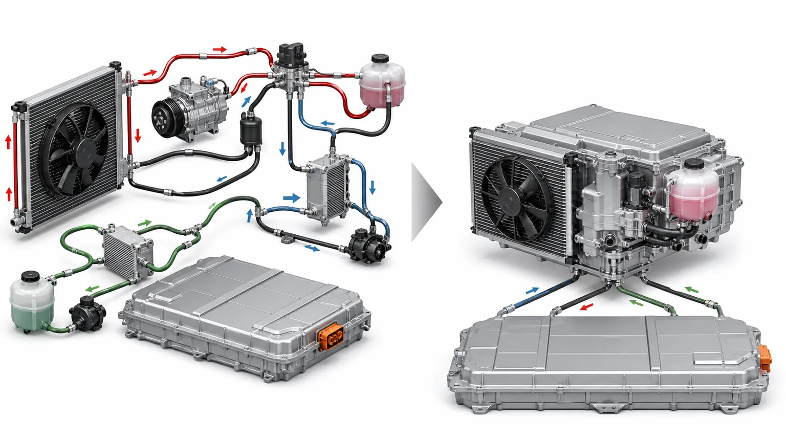 Technical diagram comparing separate EV thermal loops with a compact integrated thermal management module