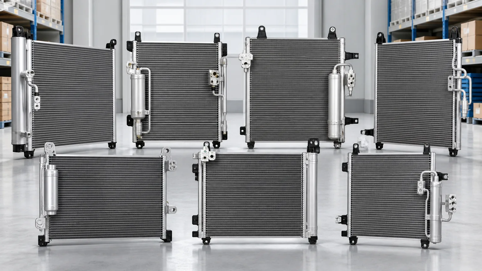 Automotive air conditioning condenser lineup for Polish distributors including microchannel designs and integrated receiver driers