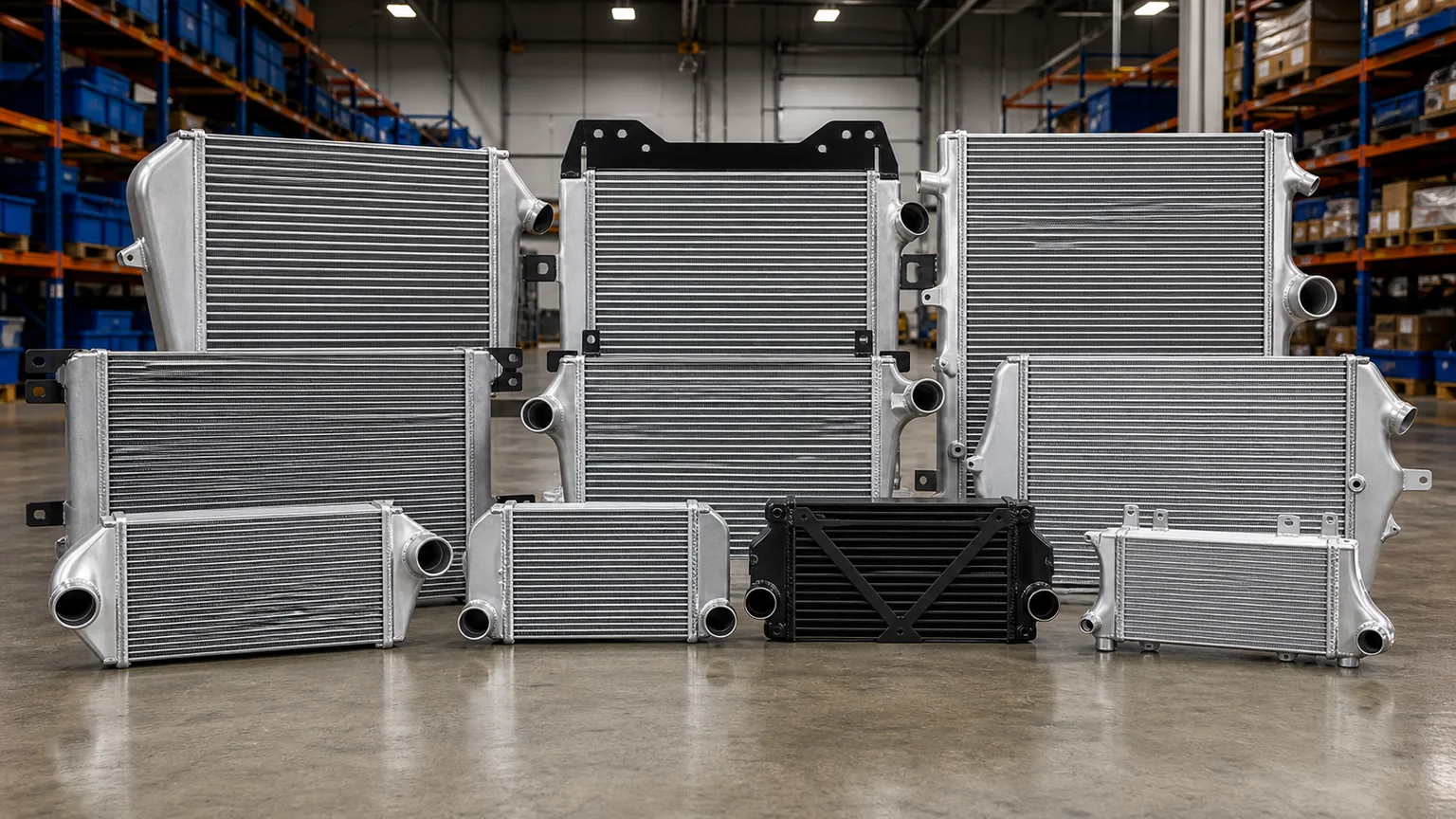 Heavy duty truck charge air cooler lineup with tube and fin and bar and plate constructions