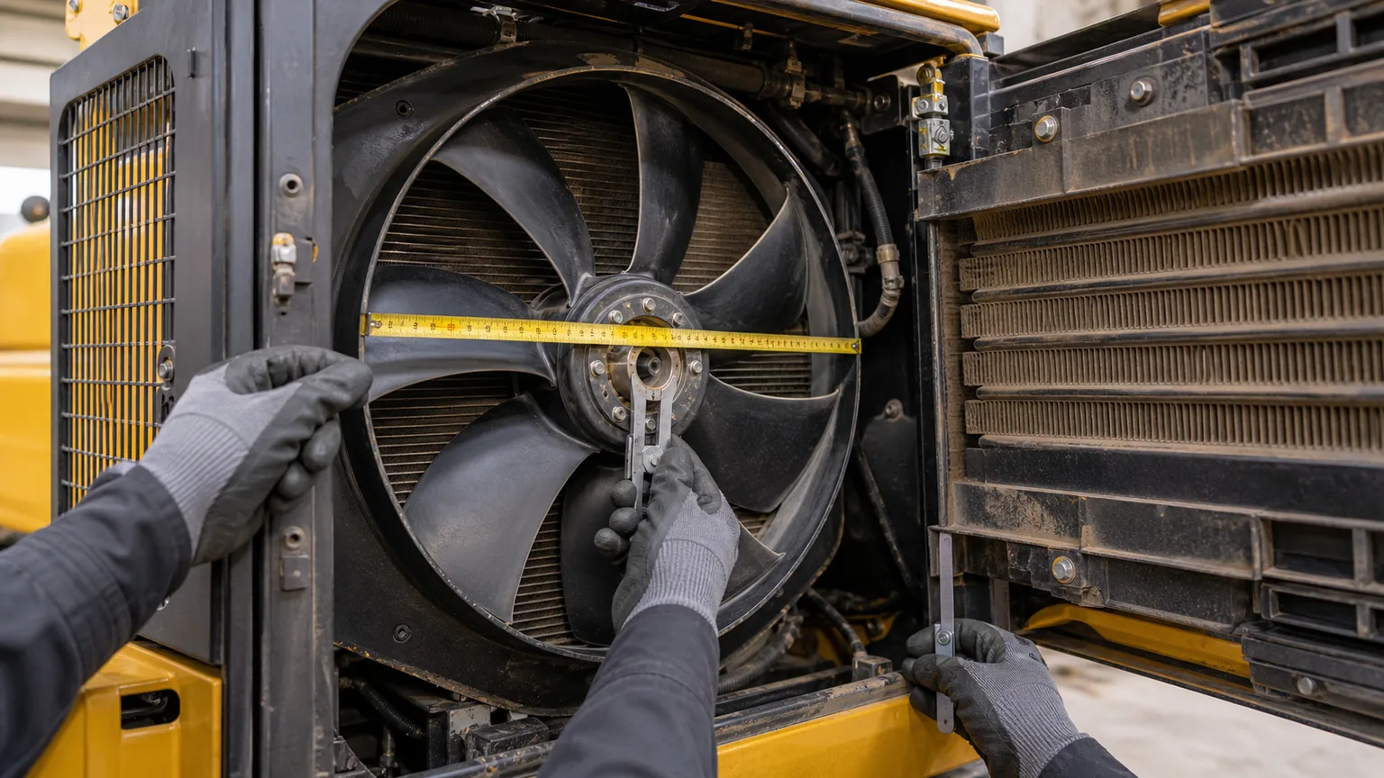 Technician measuring reversing fan diameter, hub, blade clearance, and shroud position on heavy equipment