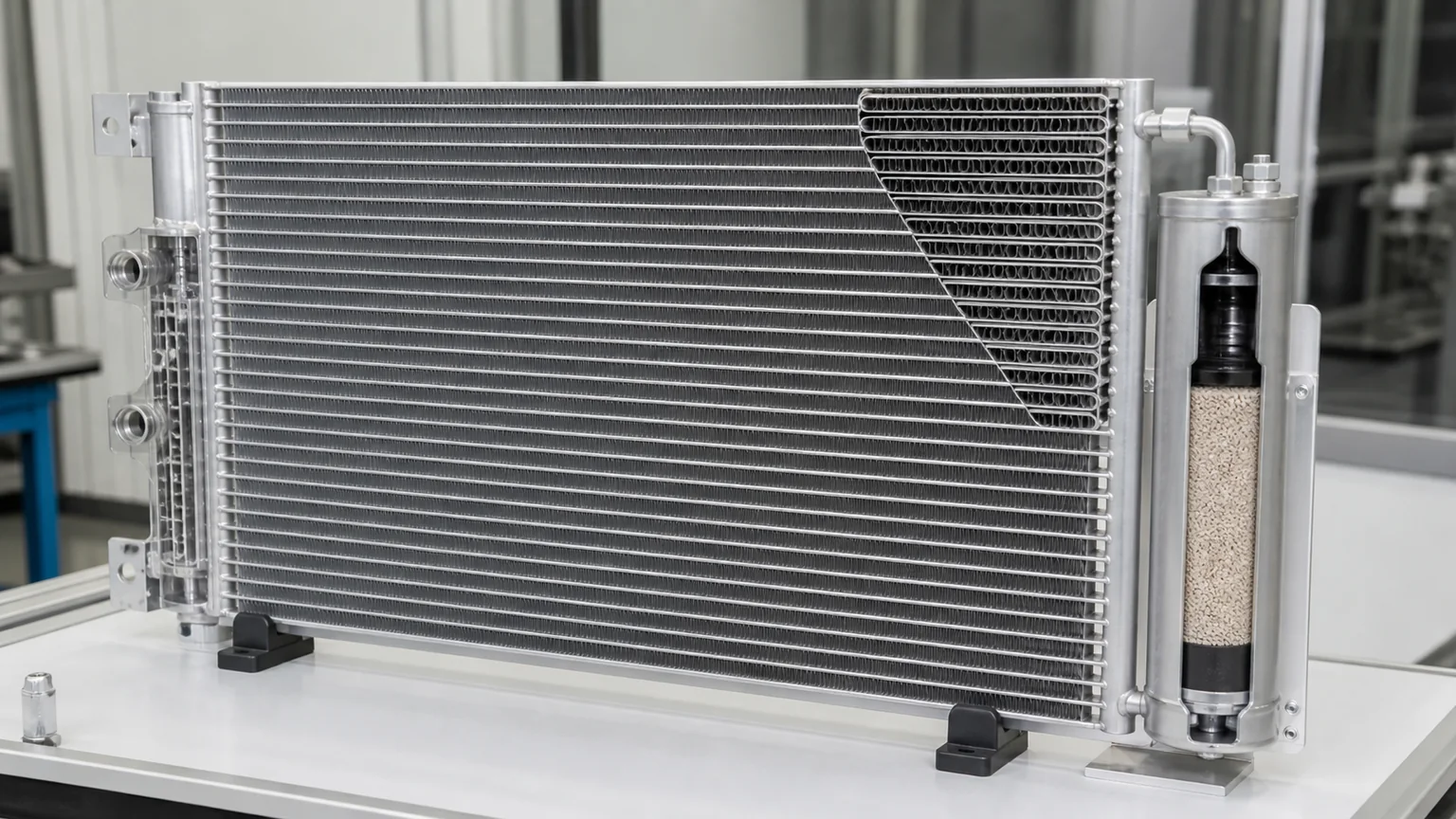 Parallel flow automotive condenser construction and drier layout