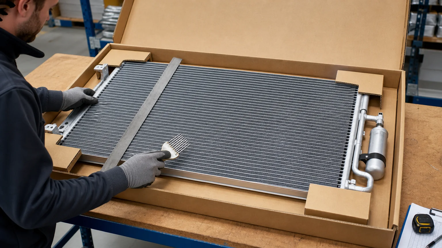 Microchannel condenser fin and packaging inspection for distributors