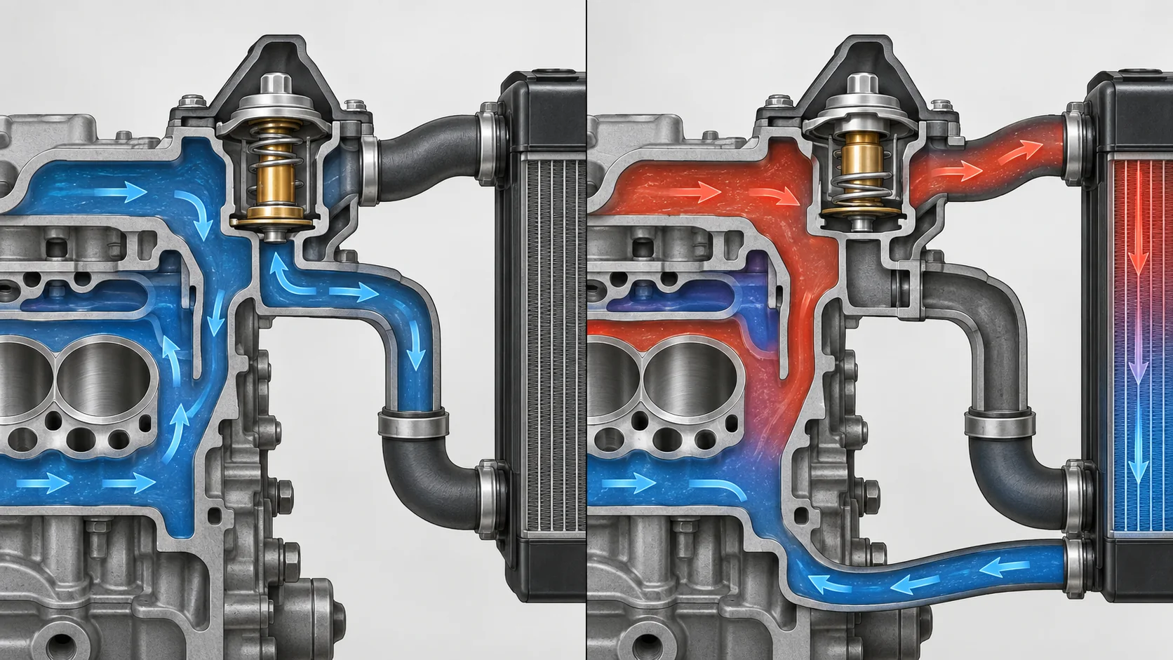 Engineering cutaway comparing cold bypass flow and warm radiator flow through an automotive thermostat