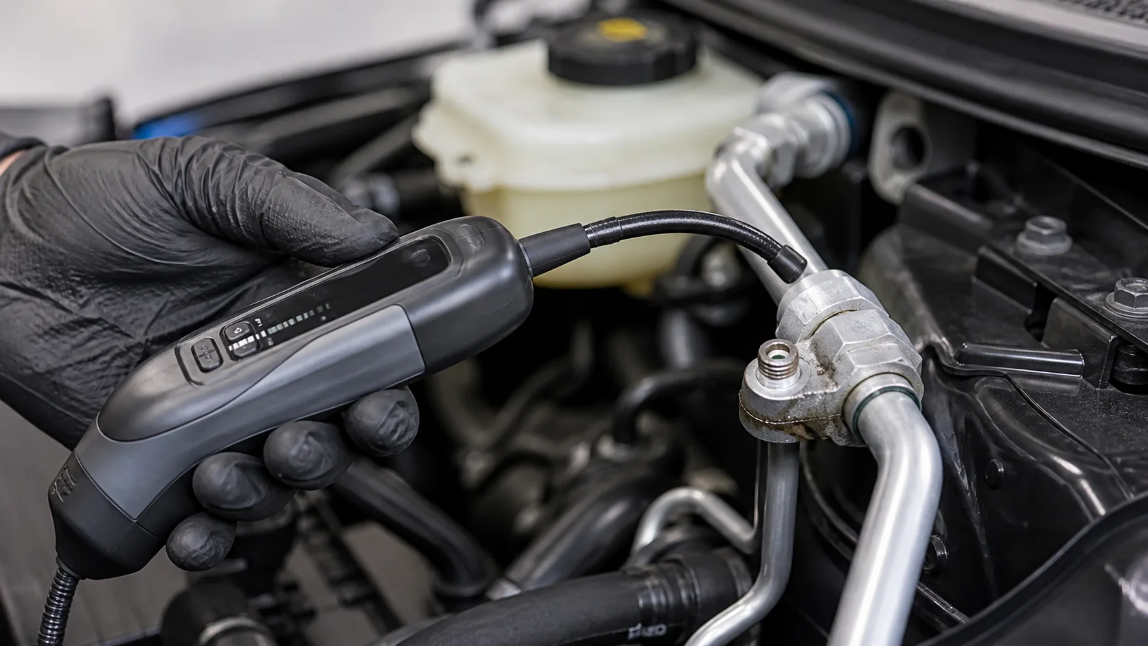 Technician using an electronic detector at an automotive A/C line connection