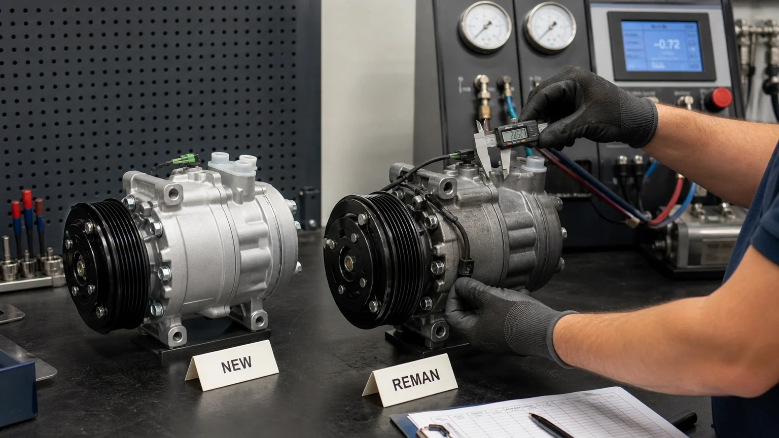 New and remanufactured automotive AC compressors compared on a test bench