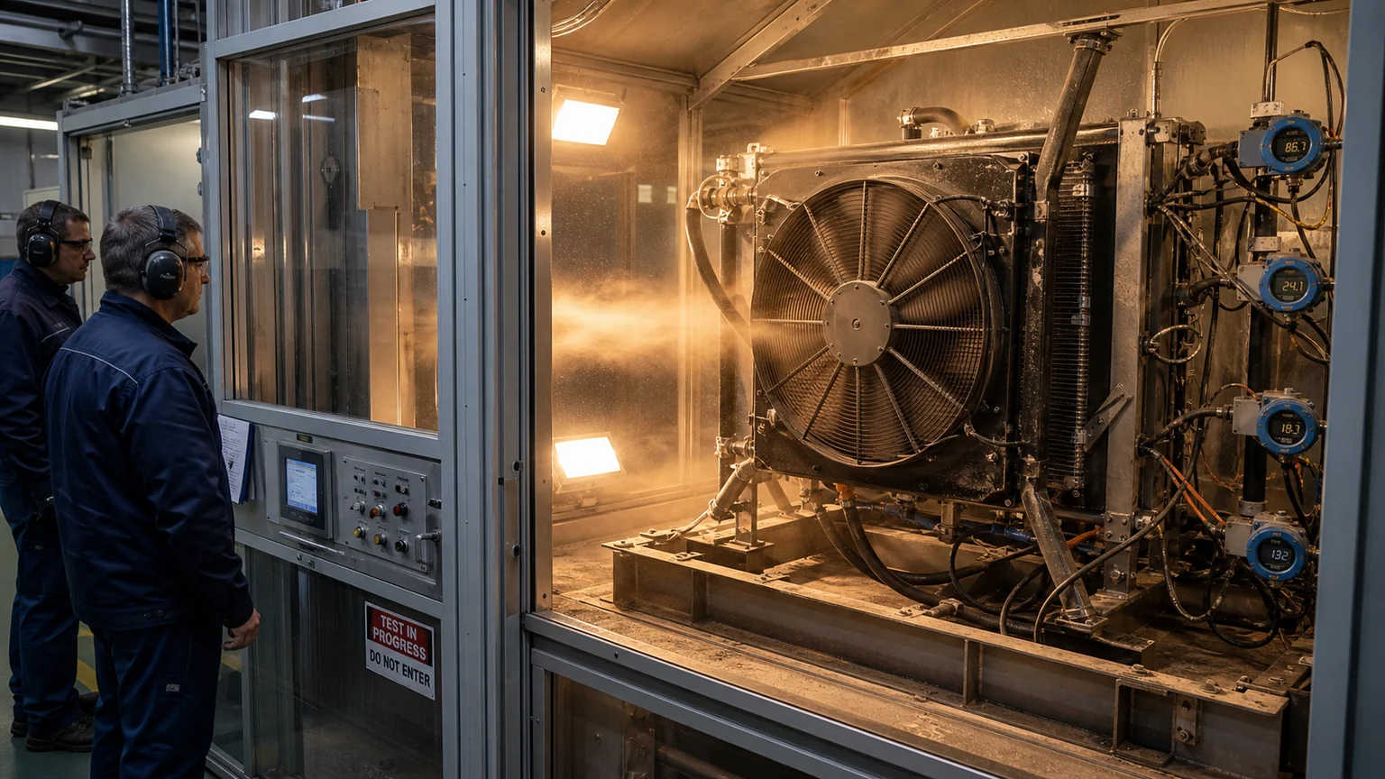 Cooling module undergoing heated airflow and controlled dust validation