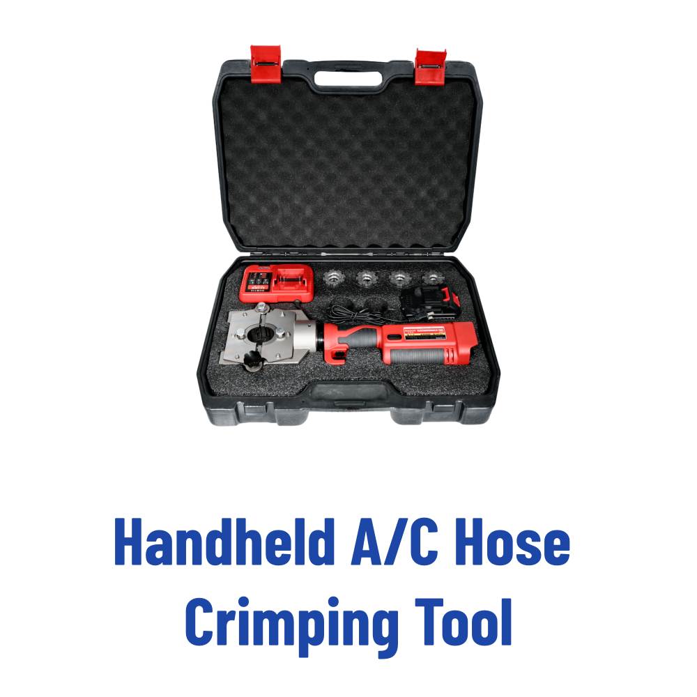 Portable A/C hose repair tool used by mechanic for automotive air conditioning system