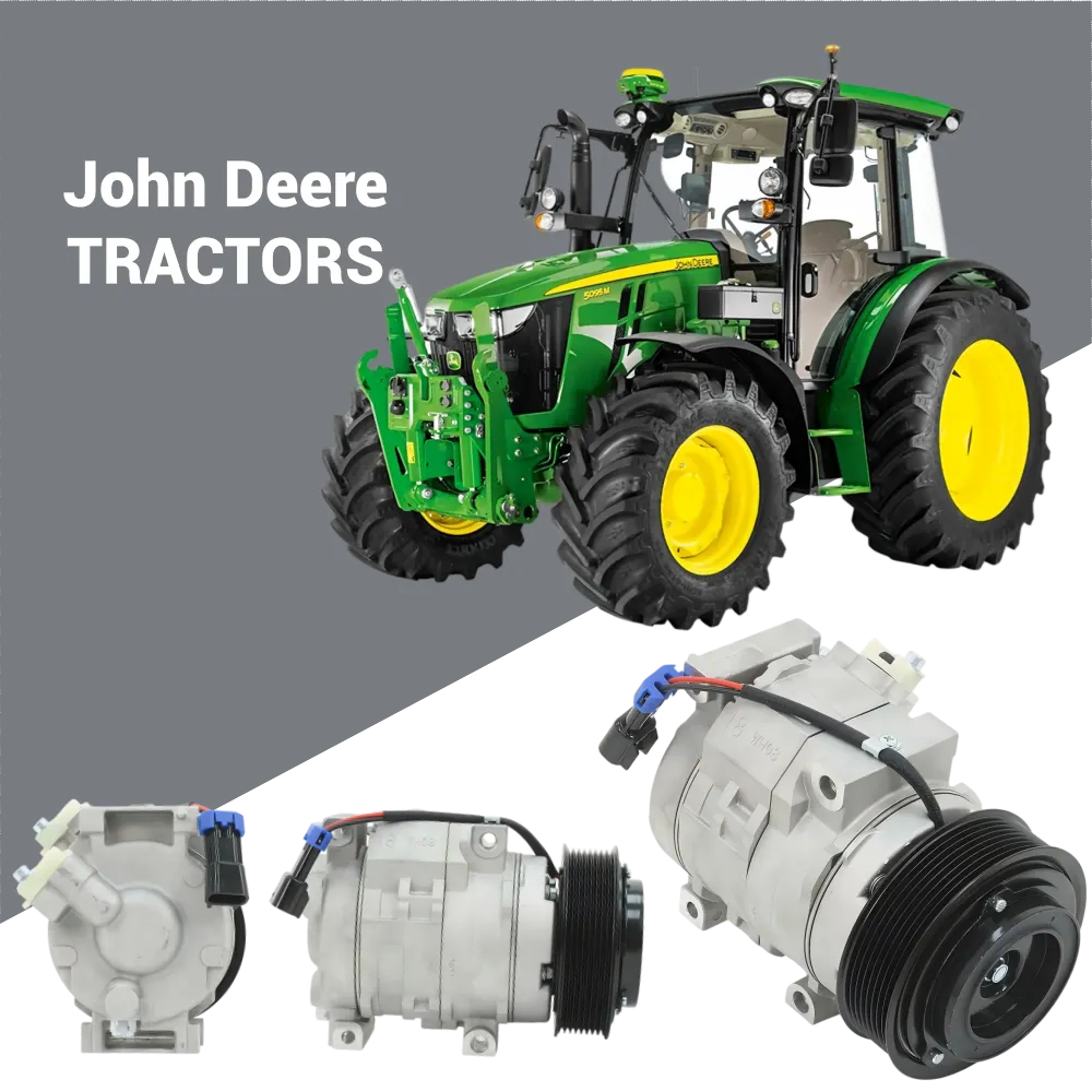 John Deere tractor AC compressor identification using application model OE number pulley and mounting details