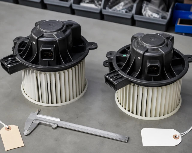 Right-hand-drive blower motor assembly comparison with fan cage and connector visible