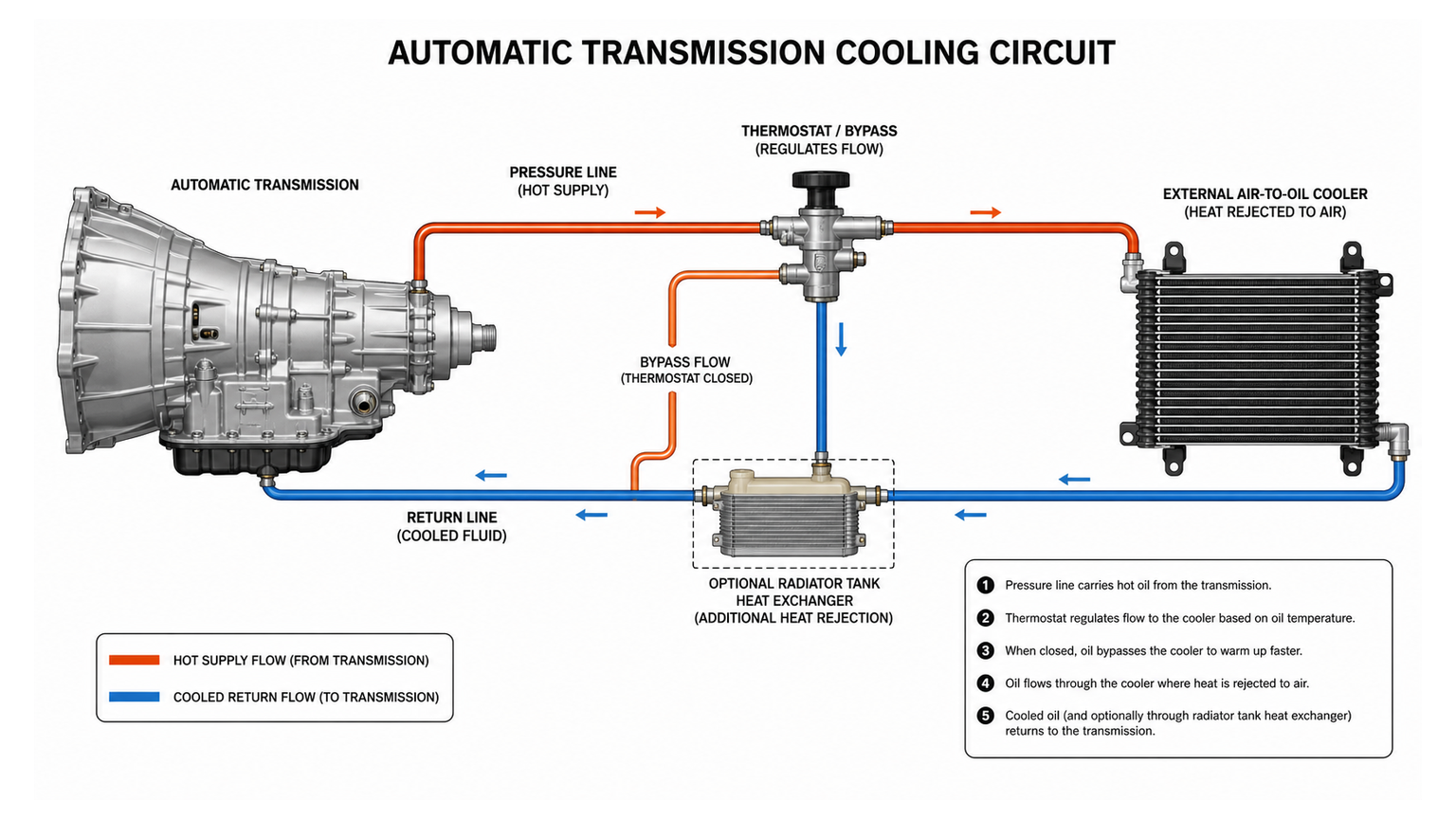 Automatic transmission cooling circuit with hot outlet line, radiator heat exchanger, external cooler, and return flow