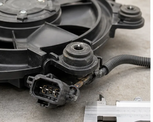 Condenser fan motor connector blade and mounting tab inspection for Canadian aftermarket sourcing