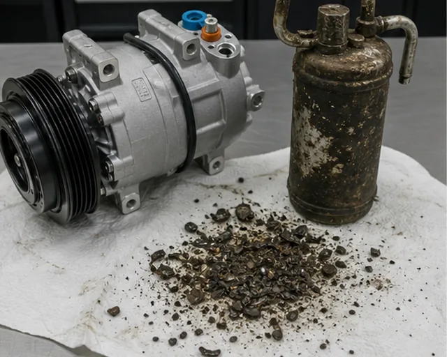 Bare AC compressor replacement risk shown with contaminated receiver drier and debris