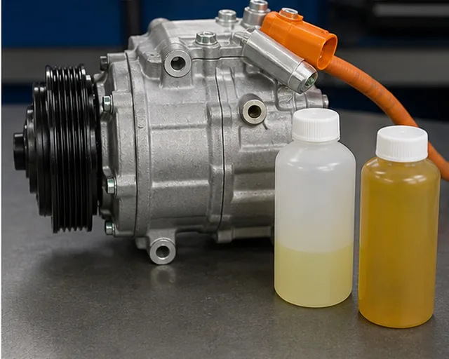 EV electric AC compressor oil selection bench showing high voltage connector and separate oil bottles