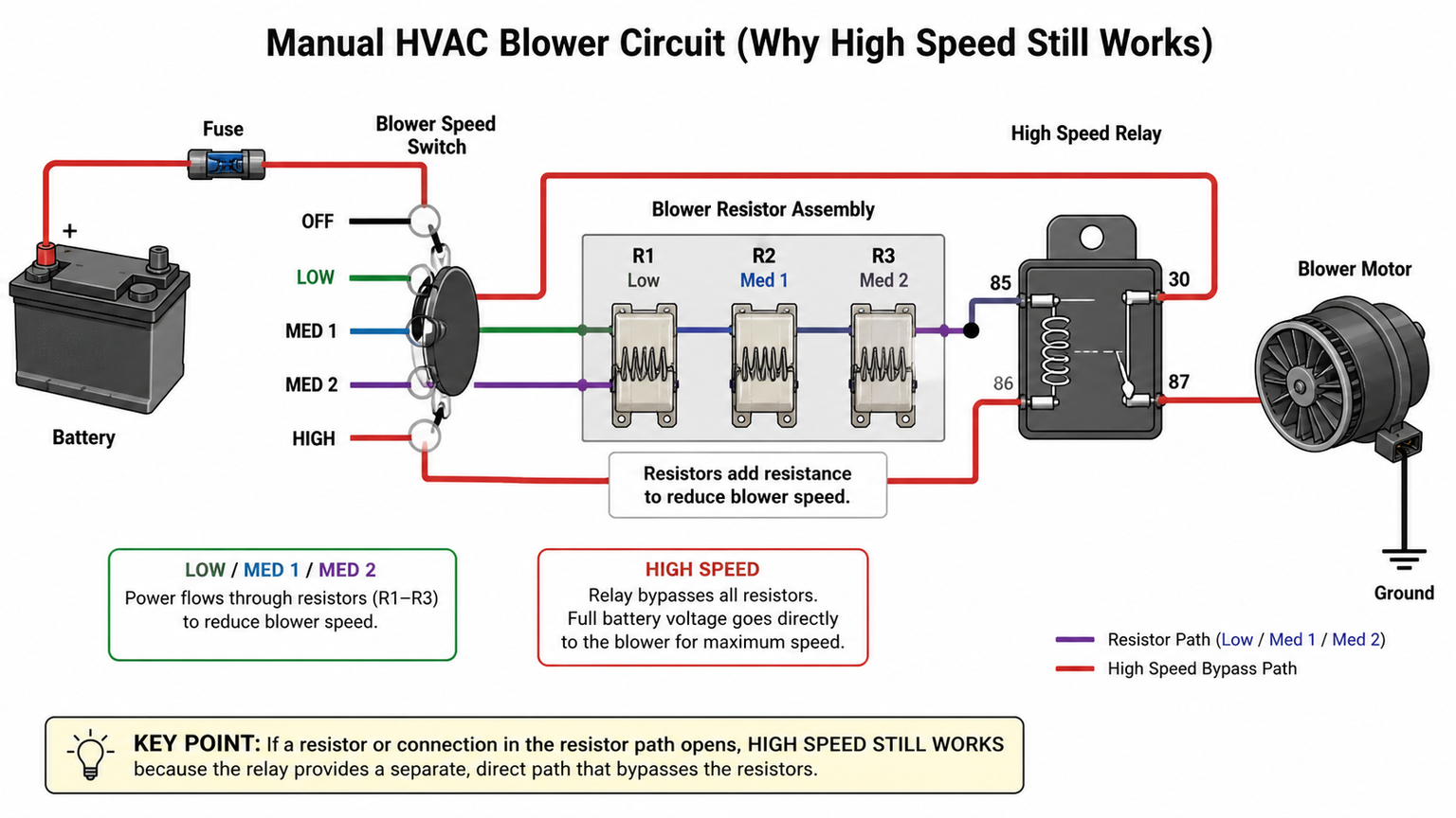 Manual HVAC blower resistor circuit showing lower speed resistors and high speed bypass