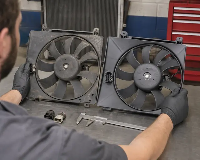 Old and replacement radiator fan assemblies compared for connector, shroud, blade, and mounting fitment
