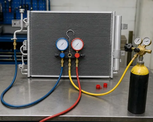 AC condenser connected to nitrogen regulator and manifold gauges for pressure leak testing