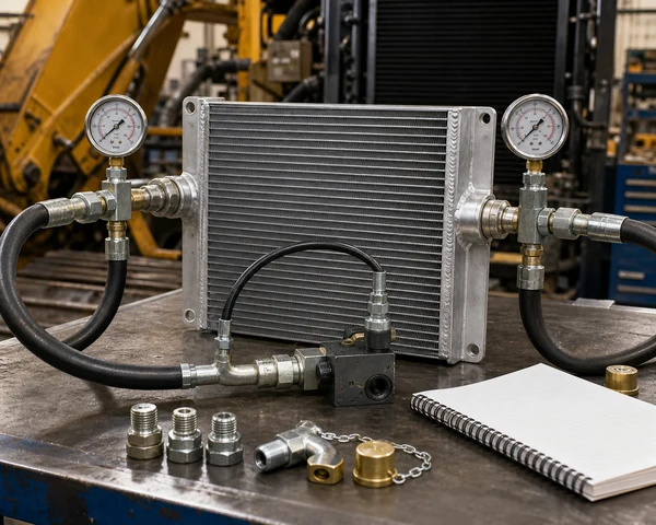 Drukvaltest voor hydraulische oliekoeler met meters op inlaat- en uitlaatslangen