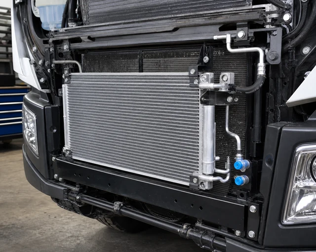 Předn&iacute; chladic&iacute; sestava n&aacute;kladn&iacute;ho automobilu pro těžk&yacute; provoz zobrazuj&iacute;c&iacute; polohu kondenz&aacute;toru stř&iacute;dav&eacute;ho proudu, veden&iacute; potrub&iacute;, drž&aacute;ky a vůli