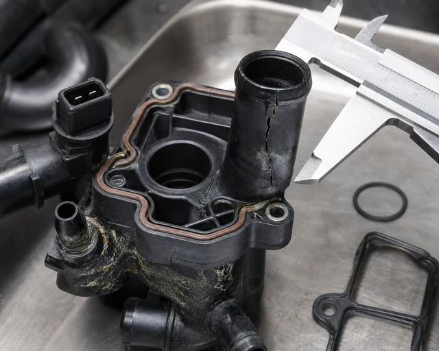 Cracked plastic thermostat housing with coolant residue, gasket groove, sensor connector, and caliper inspection