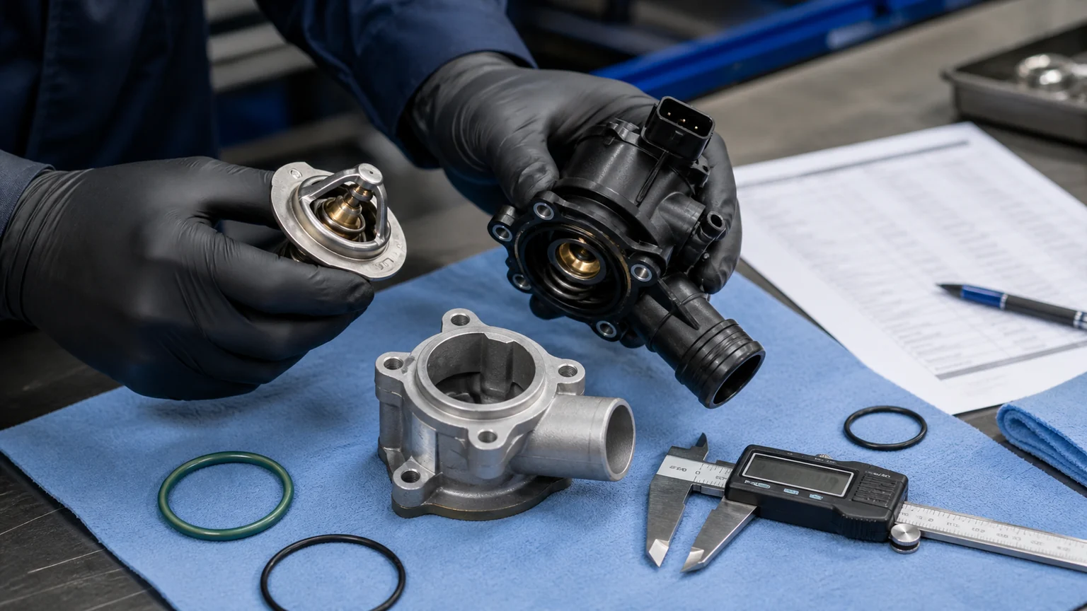 Automotive thermostat application matching bench with wax insert, housing, seal, OE reference and connector checks