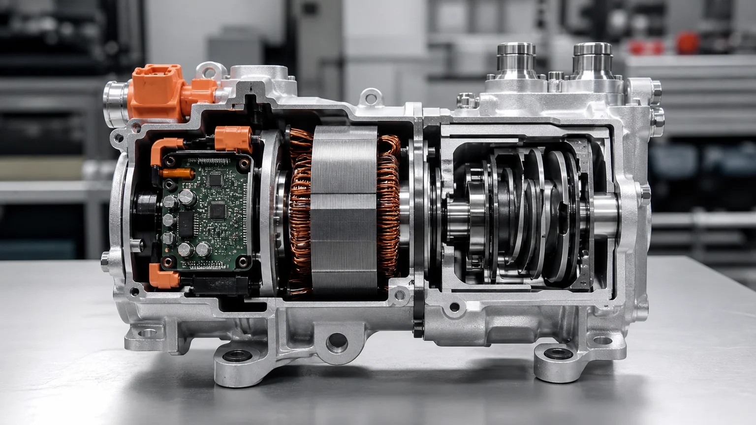 Compresseur CA &eacute;lectrique haute tension en coupe montrant le connecteur orange, l'&eacute;lectronique de l'onduleur, les enroulements du moteur et le m&eacute;canisme de d&eacute;filement