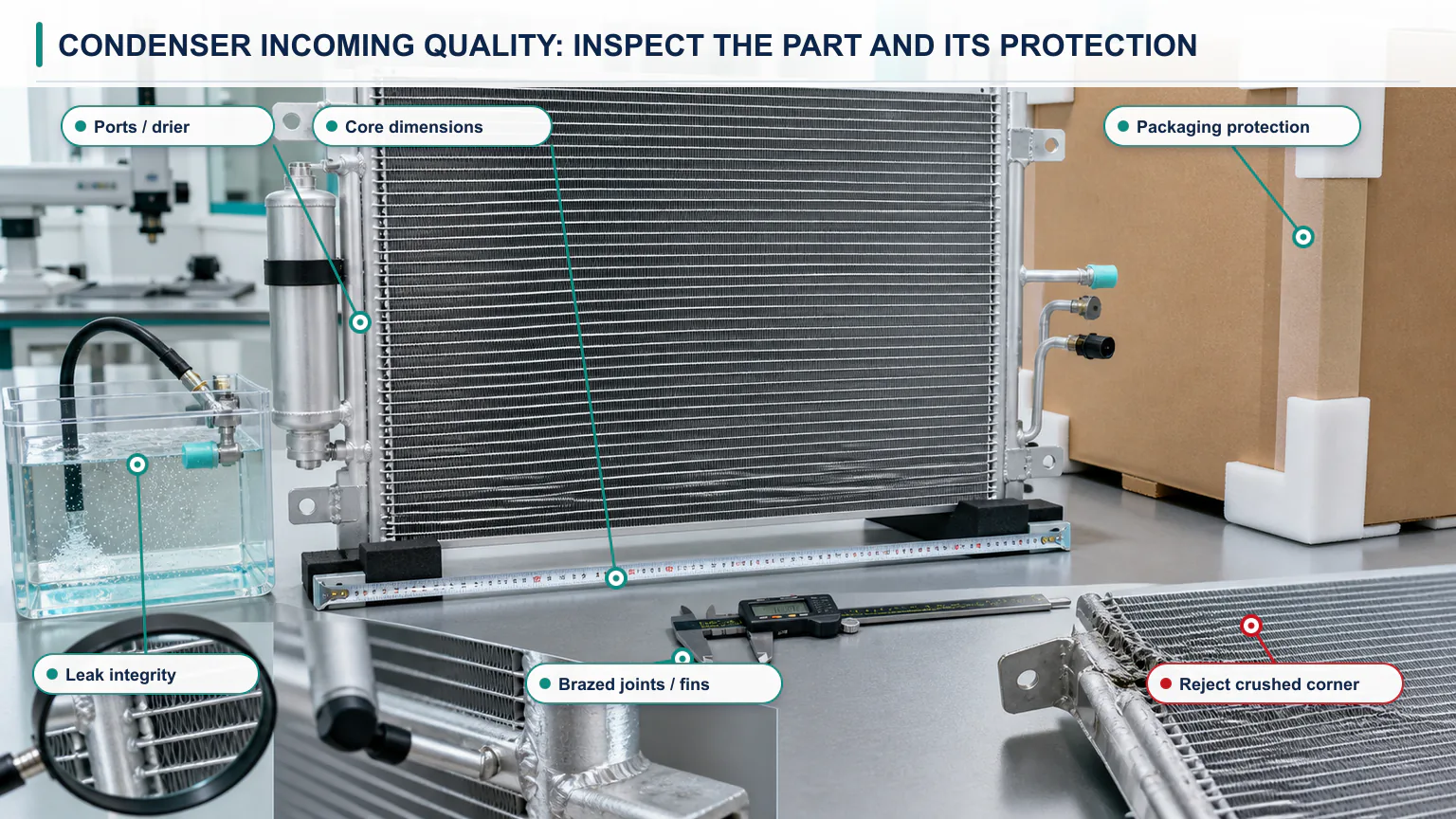 Automotive AC condenser incoming quality gate covering identity, dimensions, leak integrity, cleanliness and packaging