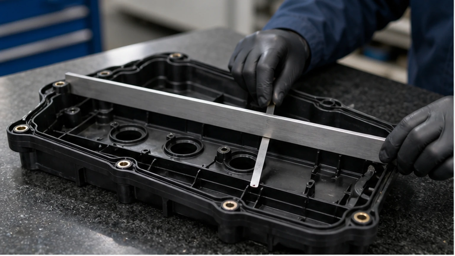 Plastic valve cover sealing flange checked with a precision straightedge and feeler gauge on a flat inspection surface