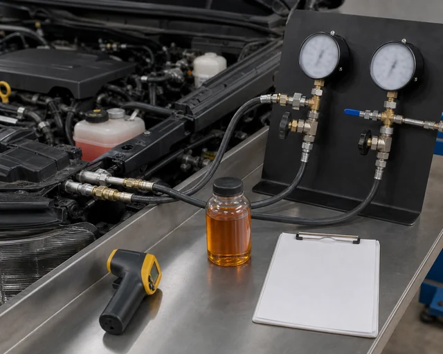 Oil temperature and pressure diagnostic gauges used together for oil cooler evaluation