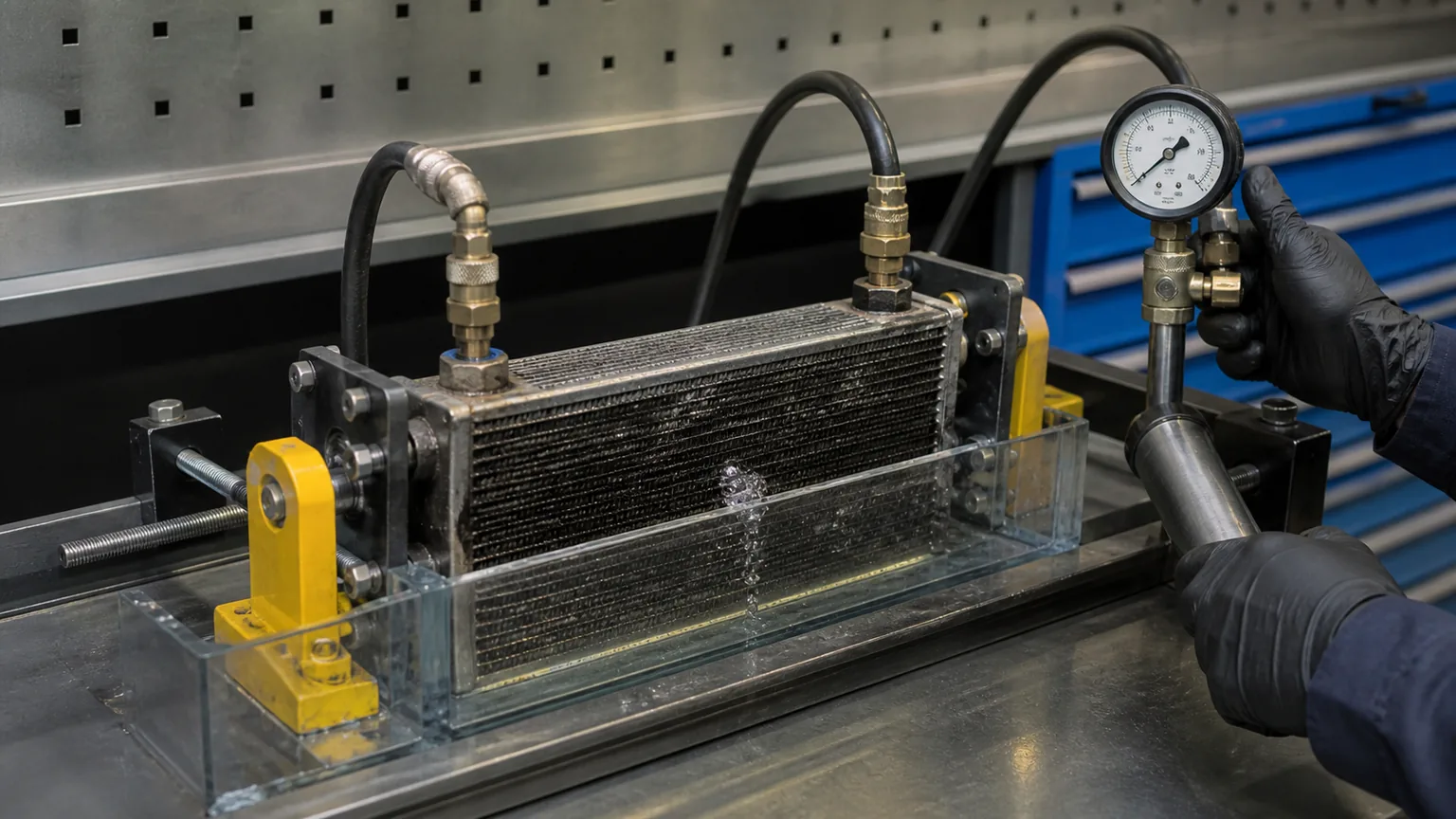 Guarded isolated diesel fuel cooler pressure and leak test with both circuits capped and labelled