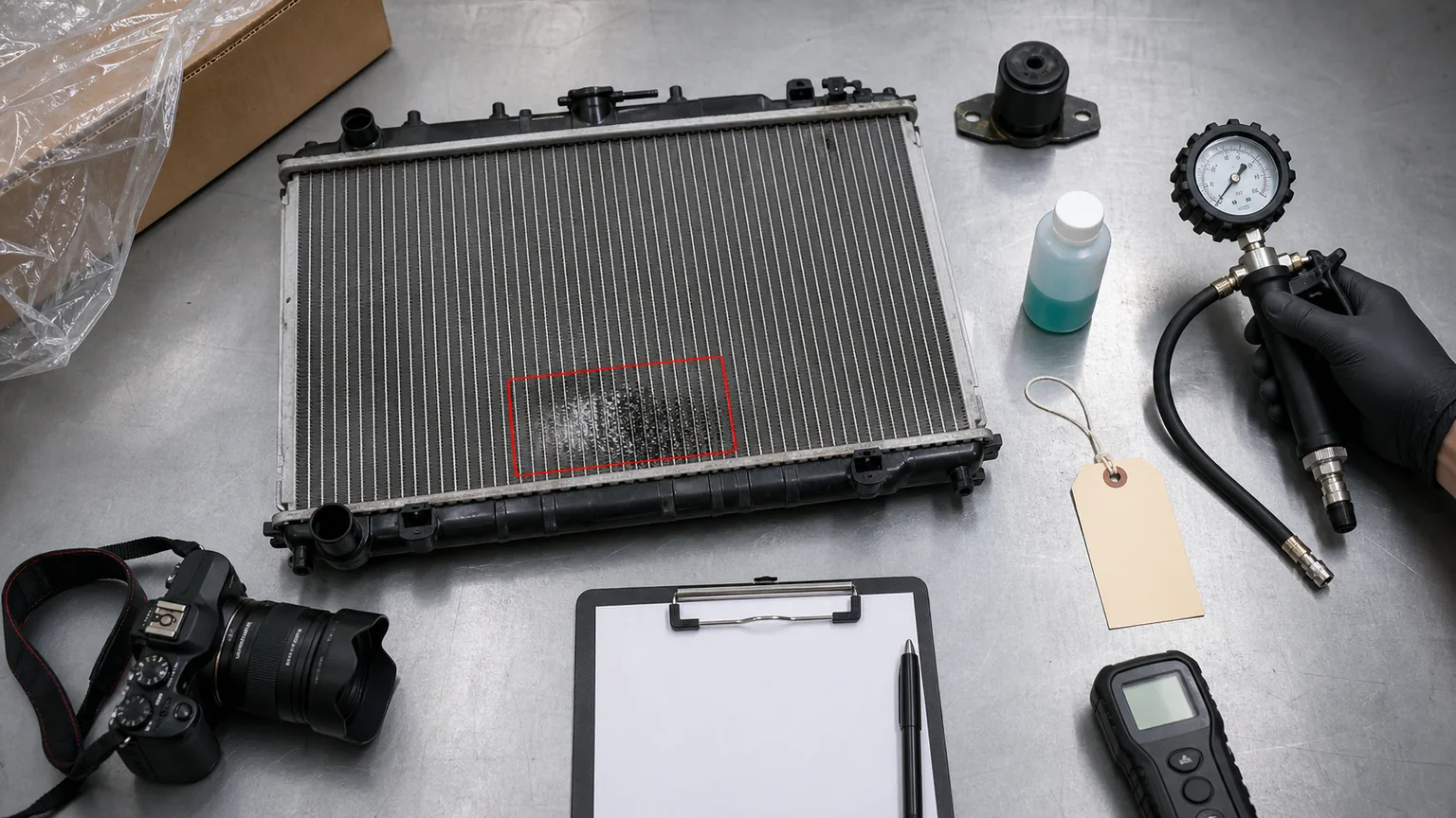 Radiator warranty evidence layout with leak photos cap test coolant record lot label mounts and returned part