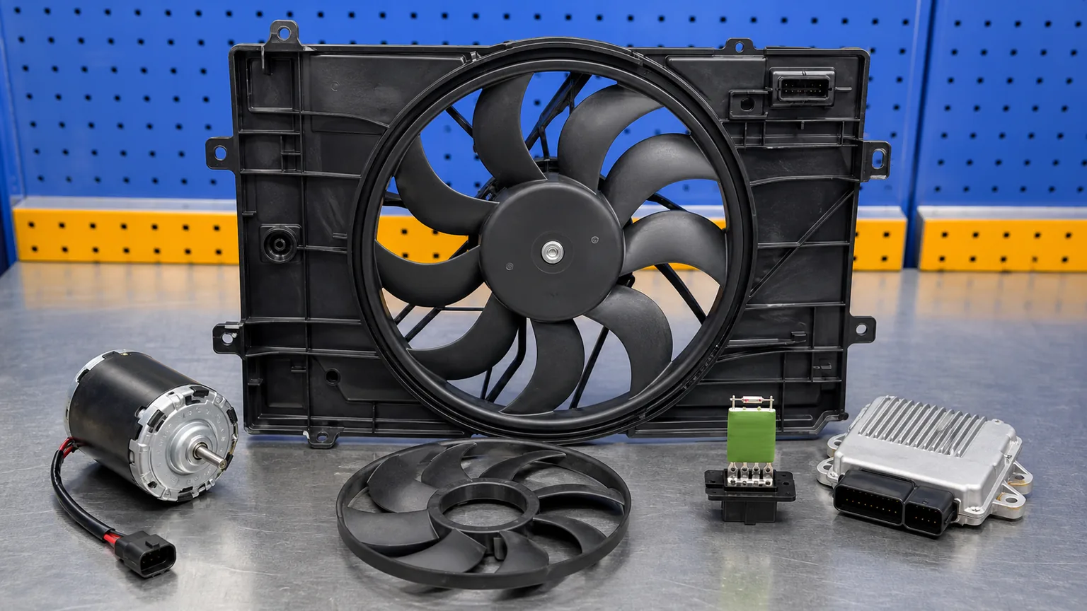 Complete radiator fan assembly, motor-only fan, blade, shroud, resistor, and control module for Romanian aftermarket comparison