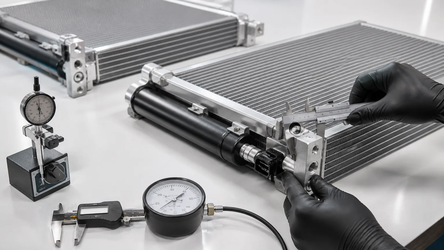 Automotive condenser inspection showing port blocks brackets receiver drier sensor boss and dimensional datums