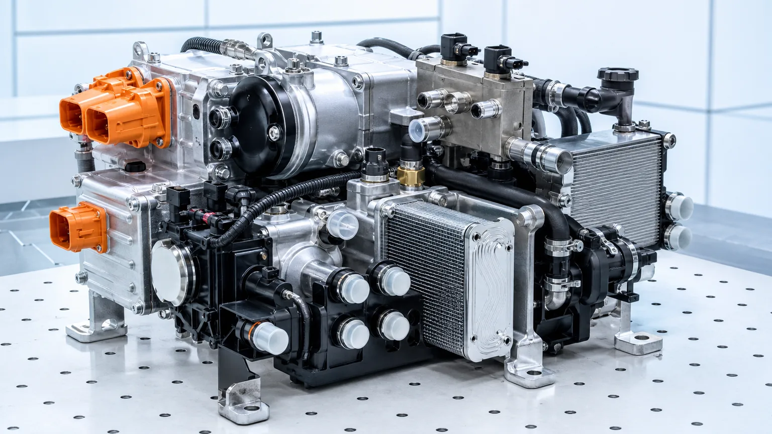 Integrated electric vehicle thermal management module with compressor, valve block, heat exchangers, ports, and connectors visible