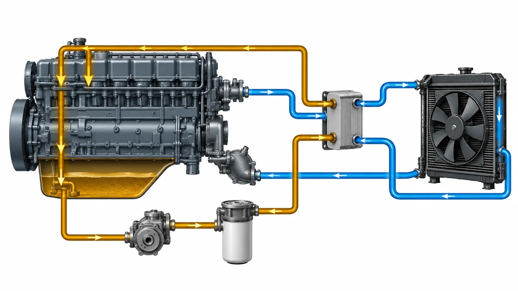 Engineering diagram separating the diesel generator lubrication oil loop from the coolant and radiator loop