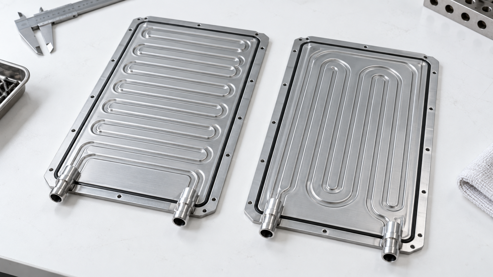 I-flow and U-flow intercell battery cooling plates compared on an engineering bench