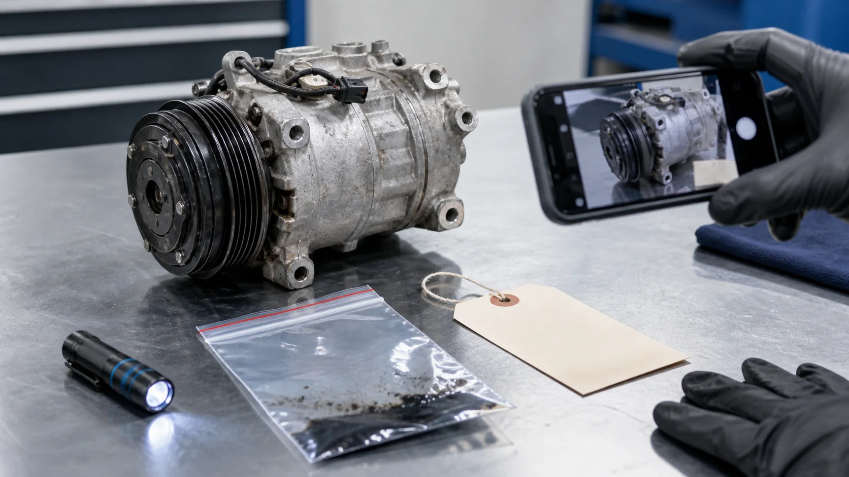 Removed A/C compressor photographed with claim evidence on a workshop bench